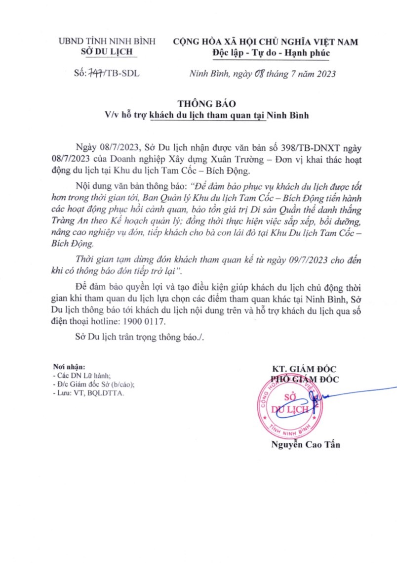 ANNOUNCEMENT: Tam Coc - Bich Dong tourist area is temporarily closed